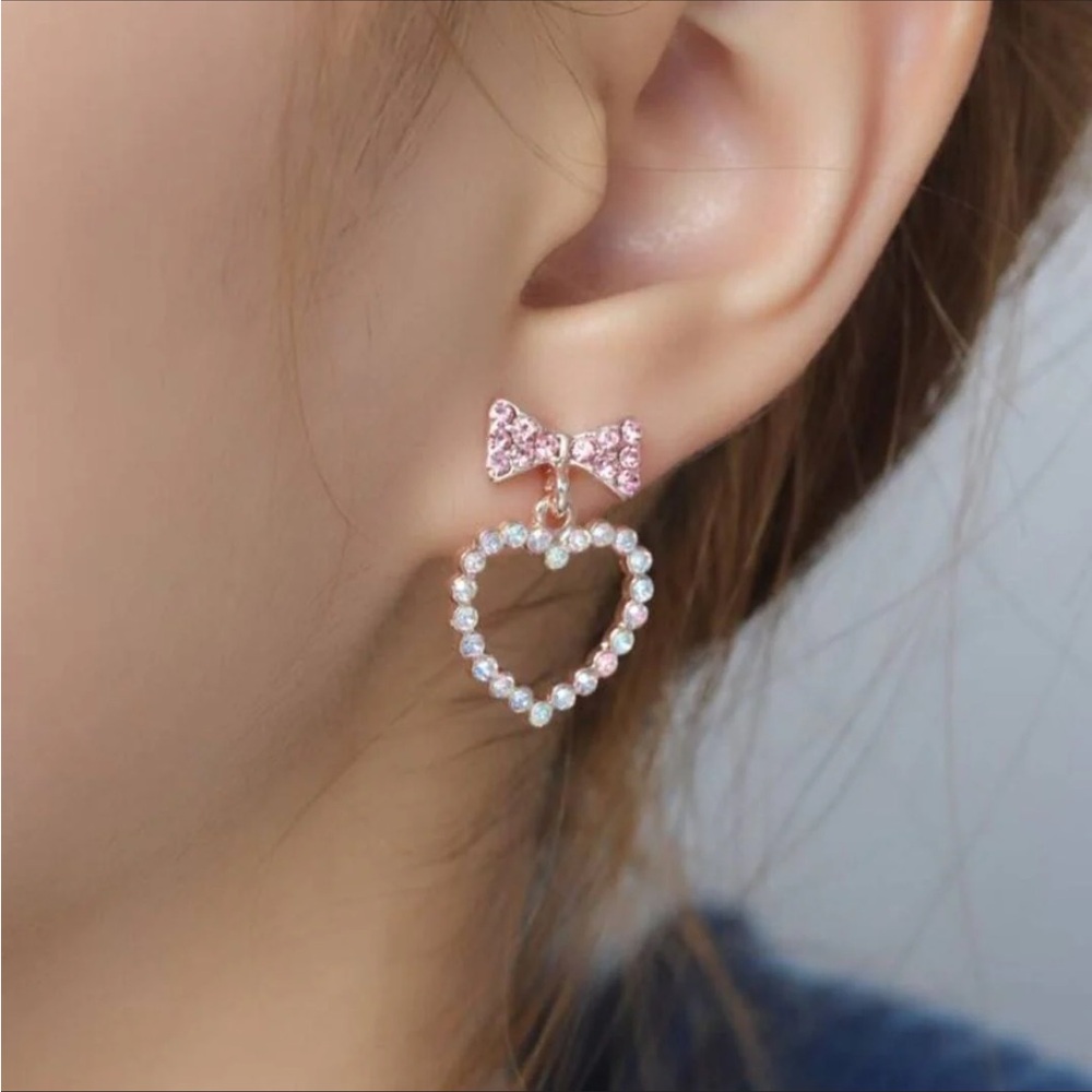 Rhinestone Bow & Heart Drop Earrings
